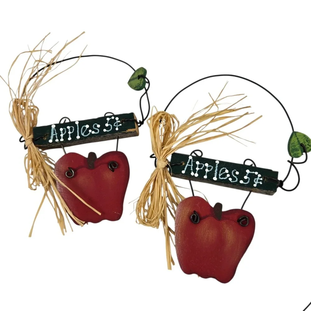 Hand Painted 4 Pc  Wooden Apple Themed Wall Hanging Set Rustic Farmhouse Kitchen